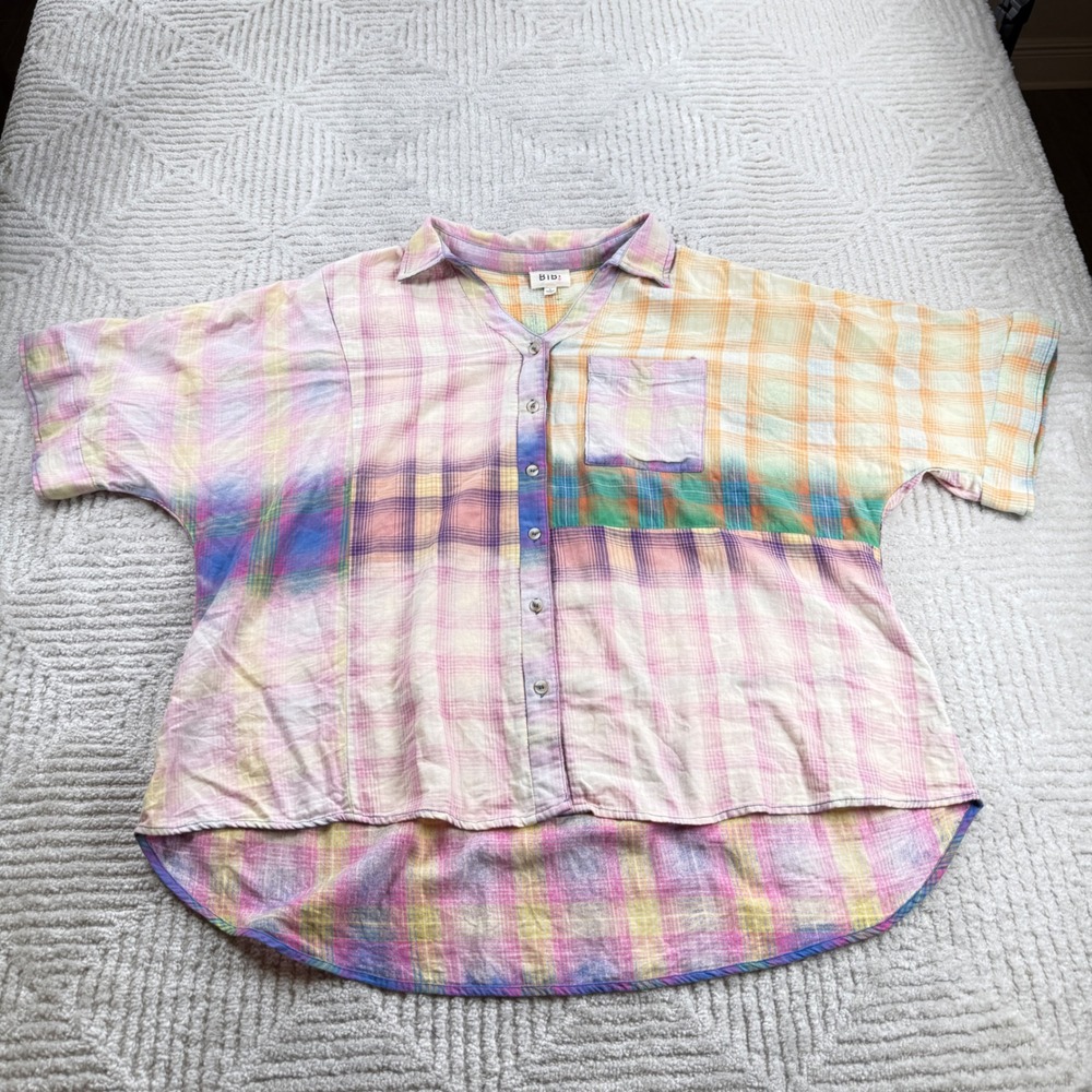 BIBI Plaid Patchwork Top Women L Cotton Oversized Eclectic Festival Boho Pastel